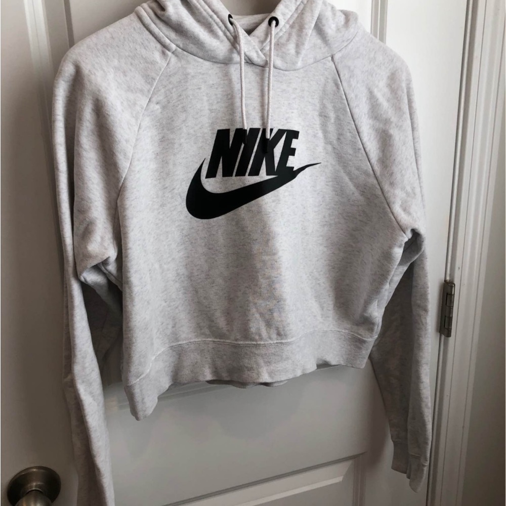 Nike Women's Light Gray Cropped Hoodie with Black Logo Medium